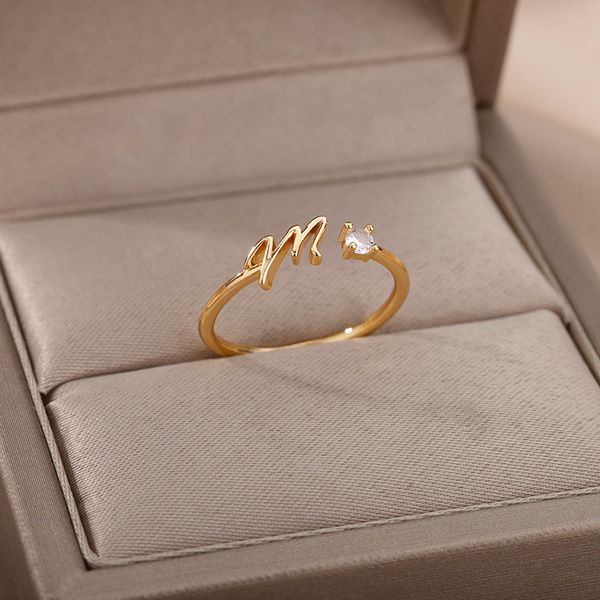 

tiny initial letter rings for women stainless steel letter finger adjustable a-z ring boho aesthetic jewelry bijoux femme, Silver