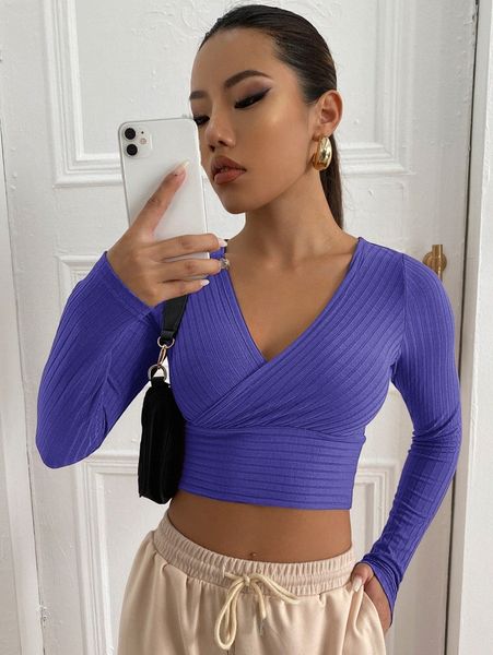 

surplice neck rib-knit crop tee j60j#, White