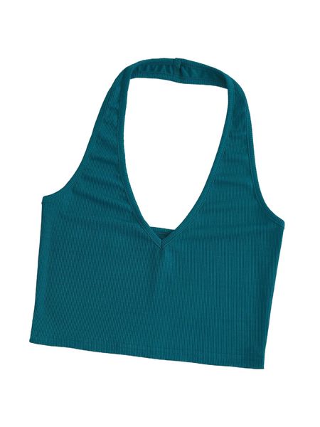 

solid rib knit crop halter y7vo#, White