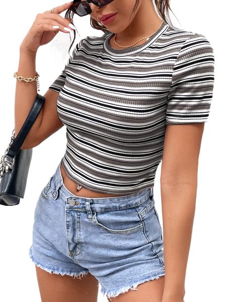 

striped round neck crop tee w0by#, White