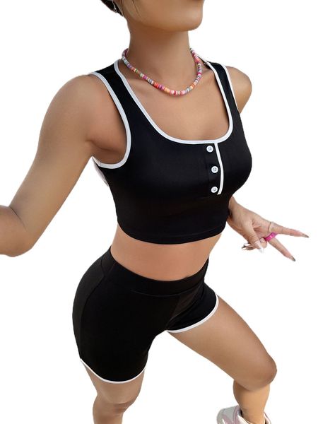 

contrast binding tank & biker shorts p82f#, White