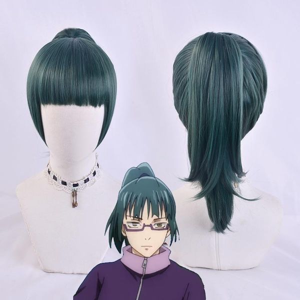 Diğer Etkinlik Partisi Malzemeleri Maki Zenin Cosplay Wig Jujutsu Kaisen Koyu Yeşil At kuyruğu Isı Dayanıklı Sentetik Saç Anime Peruklar Kapoter