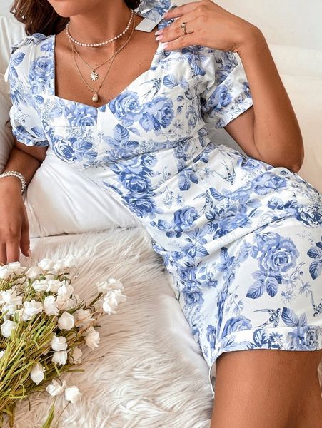 

random floral print sweetheart neck cut out shirred back dress d5bi#, Black;gray