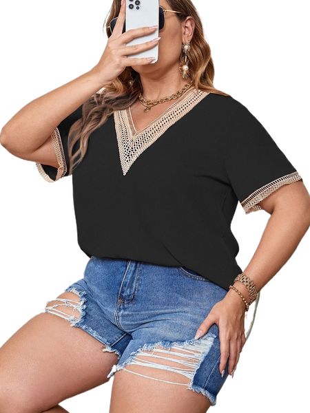 

plus guipure lace panel blouse h2p5#, Black