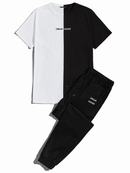 

men color block embroidered letter tee & pants set r4xh#, Gray