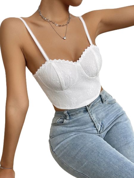 

contrast lace grommet lace-up back crop cami 53dv#, White