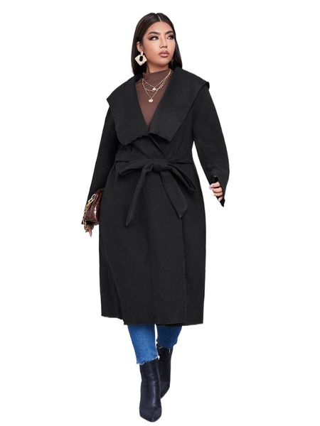 

plus solid belted longline coat f0ab#, Black