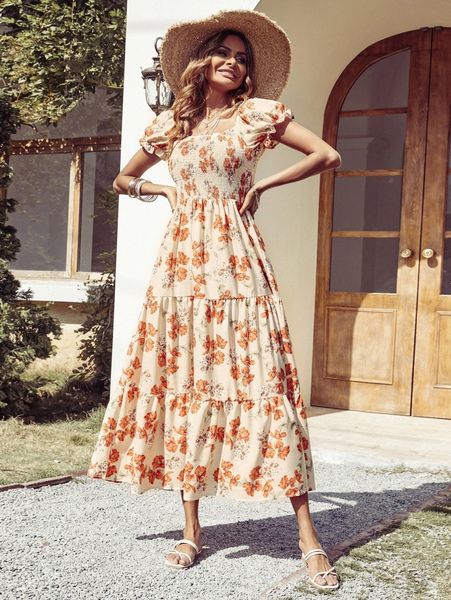 

allover floral print shirred bust puff sleeve dress o6n5#, Black;gray