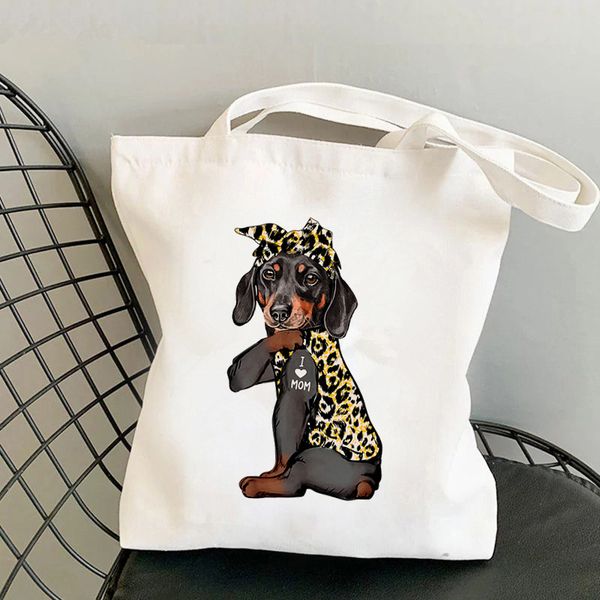 

2021 shopper leopard bandanas dachshund i love mom printed tote bag women shopper handbag girl shoulder shopping lady canvas bag