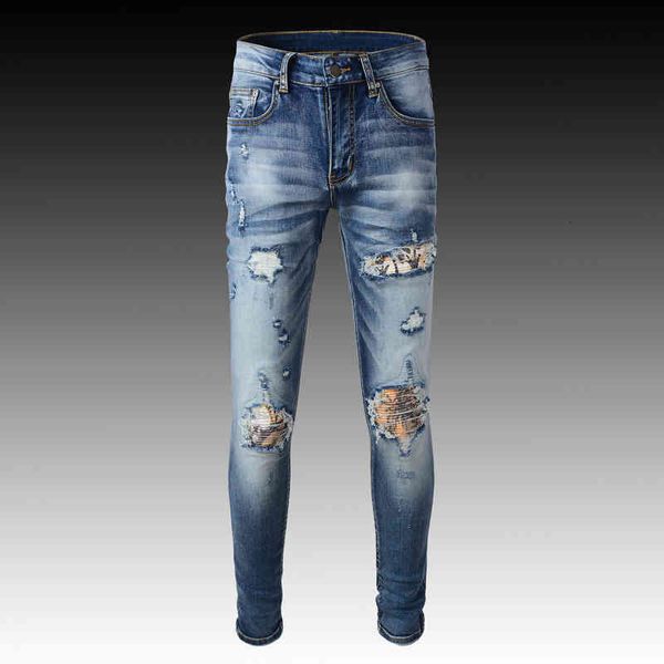 

men's jeans 2022 summer korean version of high street fashion brand blue hole patch elastic slim fit versatile legged jeans men jx7j