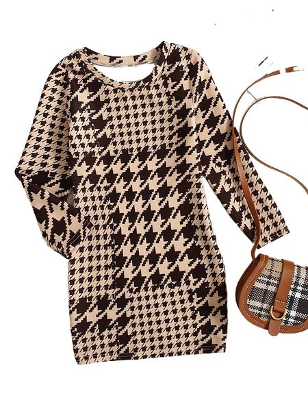 

toddler girls houndstooth print fitted dress c5fd#, Black;white