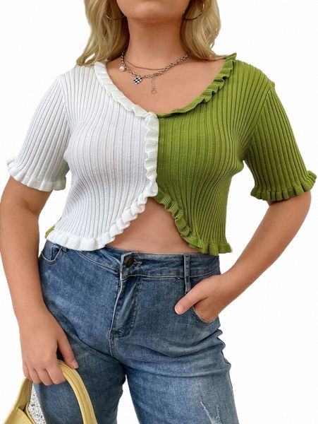 

plus two tone frill trim knit q5ii#, Black