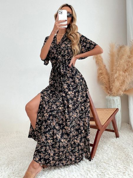 

floral print butterfly sleeve split thigh belted dress a8nw#, Black;gray