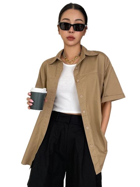 

dazy button front drop shoulder blouse g1si#, White