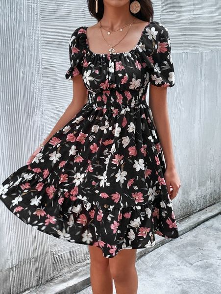 

floral print shirred ruffle hem dress i7j3#, Black;gray