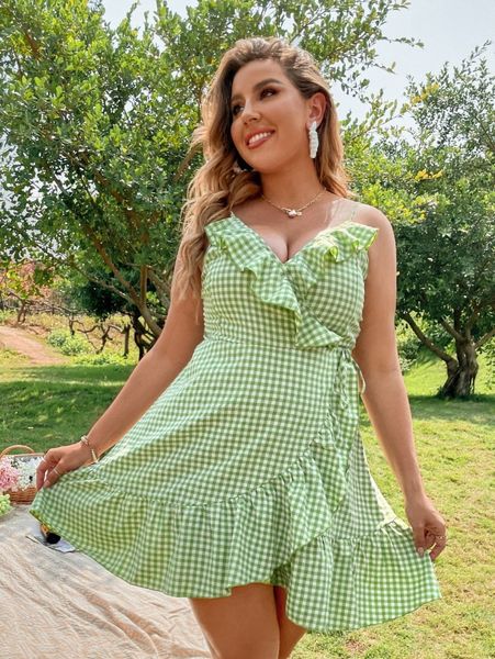 

plus gingham print ruffle trim cami dress b1tf#, Black