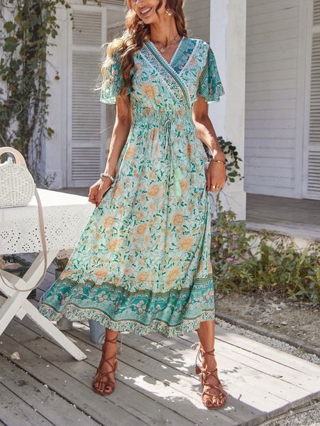 

floral print surplice front shirred waist ruffle hem dress e0yr#, Black;gray