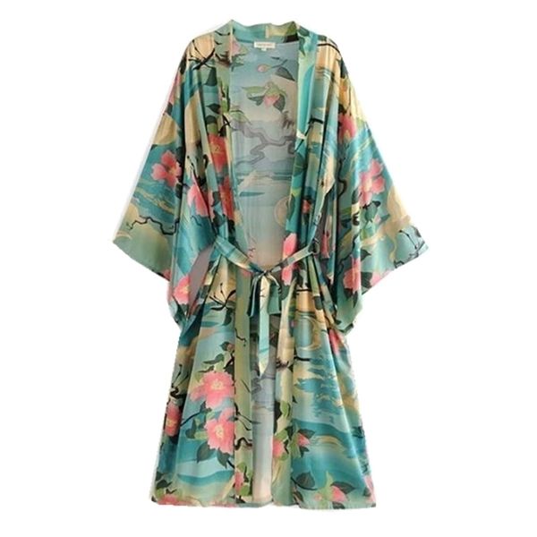 Camicia kimono con stampa bohémien con scollo a V e gru con stampa di fiori di loto, allacciatura etnica con fasce, cardigan lungo, camicetta ampia 210308