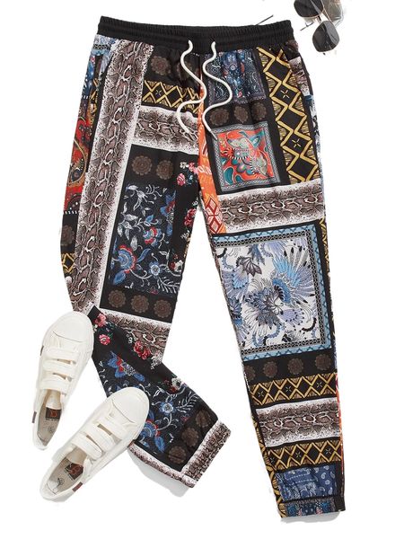 

men patchwork print drawstring waist pants q2pq#, Black