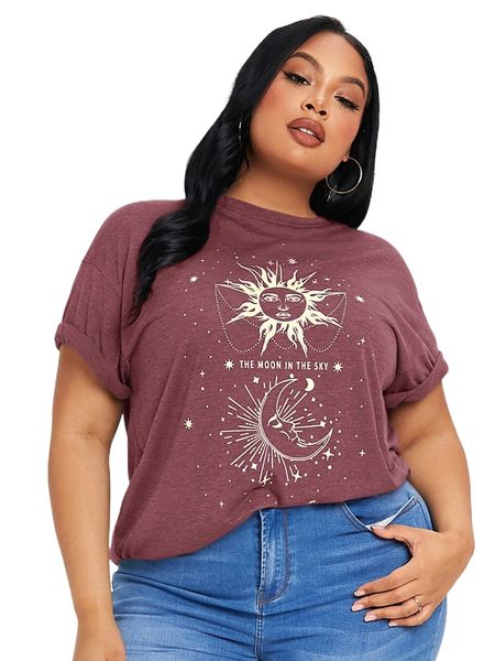 

sxy plus sun & moon print roll up sleeve tee q10d#, Black