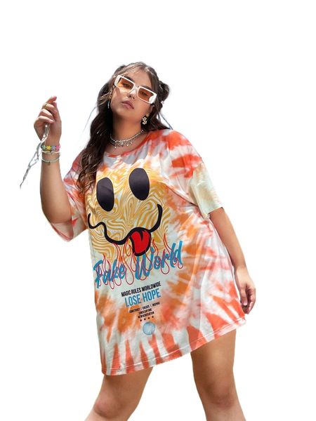 

plus expression & letter graphic tie dye drop shoulder tee u3ar#, Black