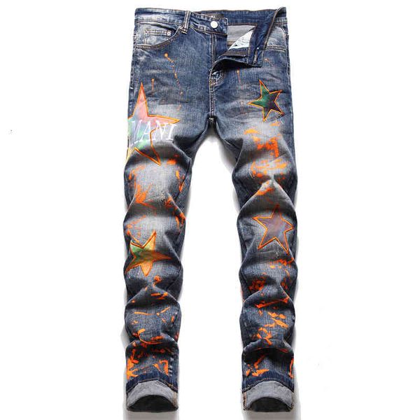 

men's jeans am european men's jeans paint embroidery pentagram trend elastic slim fit leggings versatile pants 3262 d55r, Blue