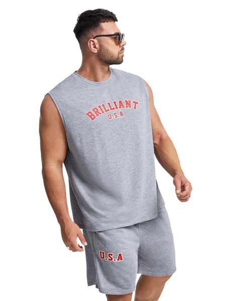 

extended sizes men letter graphic tank & drawstring waist shorts o1ps#, Gray