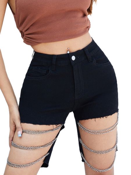 

cut out c.hain detail frayed trim d.enim s.horts q0no#, White;black