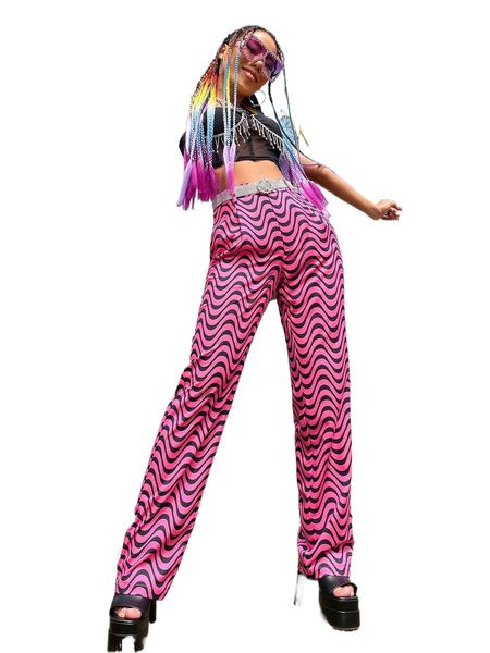 

allover print high waist straight leg pants n0or#, Black;white