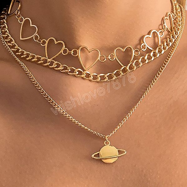 

retro simple planet pendant necklace women's fashion creative gold metal peach heart stitching clavicle necklaces girls jewelry, Silver