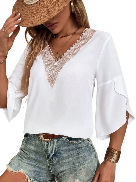 

contrast lace flounce sleeve blouse r46y#, White