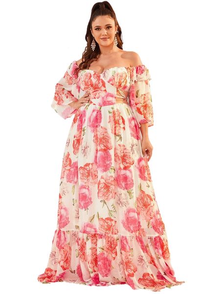 

plus floral print off shoulder cut out ruffle hem chiffon maxi dress z17q#, Black