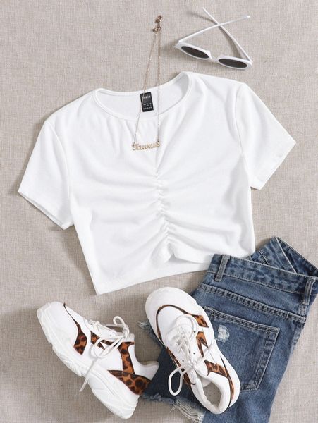 

ruched front solid tee t2pc#, White