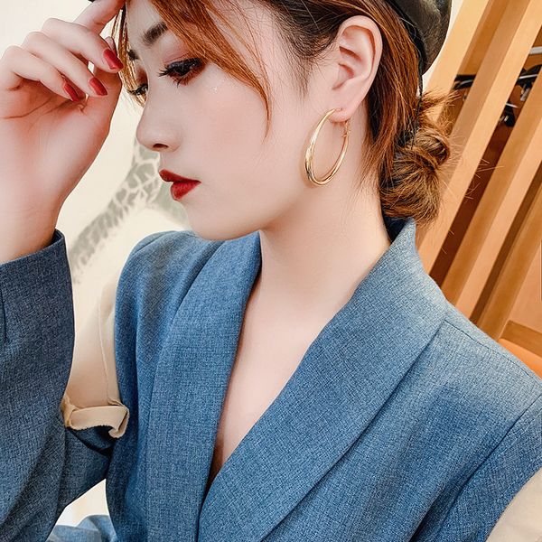 

925 silver needle personality retro hong kong style eardrop earring female exaggerated european and american metal circle geometric ring ear, Golden