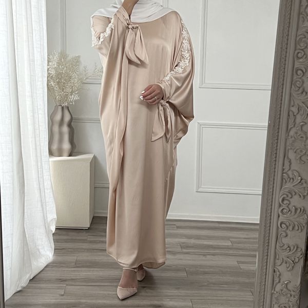 

ramadan batwing abaya dubai turkey muslim hijab dress purfle rose satin abayas for women islam prayer clothes jilbab kaftan robe, Red