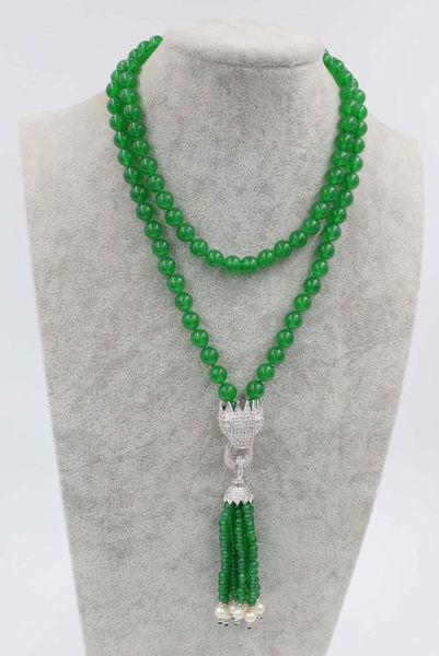 Anhänger Halsketten Grüne Jade Runde 8mm Halskette mit Leopardenverschluss 35 Zoll Großhandel Perlen Natur WomanPendant PendantPendant