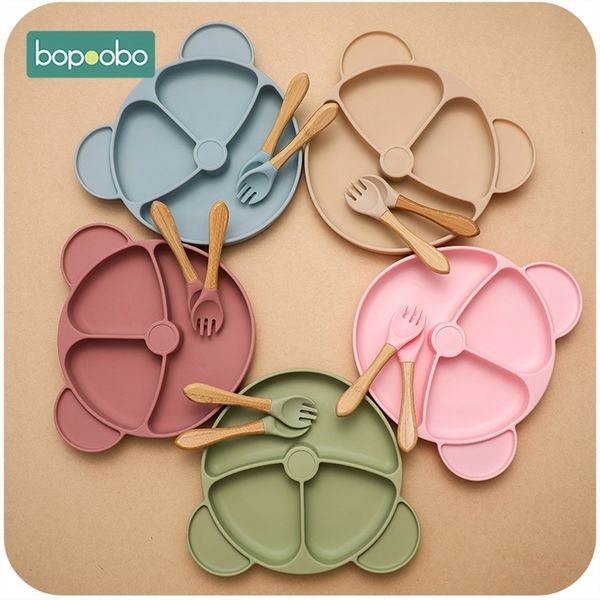 

bopoebo 1set piring makan silikon bayi sendok garpu tahan air kartun anakanak hisap bpa gratis mangkuk latihan 220611