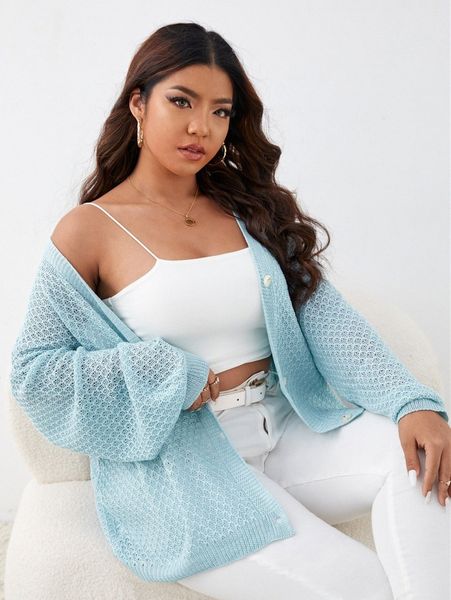 

plus pointelle knit drop shoulder cardigan 01hq#, Black