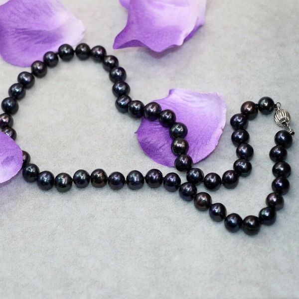

long 18&quot 8-9mm black freshwater cultured pearl necklace, Silver
