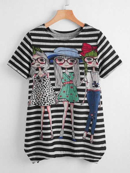 

striped and cartoon figure print tee r4cc#, White