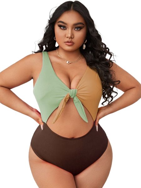 

plus colorblock knot front cut out one piece swimsuit d5gp#, White;black