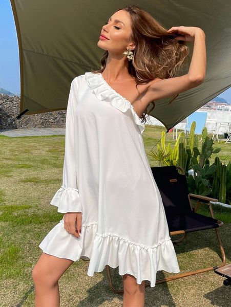 

missord one shoulder ruffle hem dress n3cx#, Black;gray