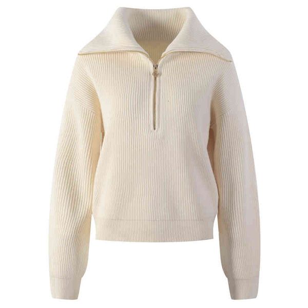 

women's knits tees solid color zipper large lapel rib knitted sweater women's clothing autumn and winter style elegant temperament, White