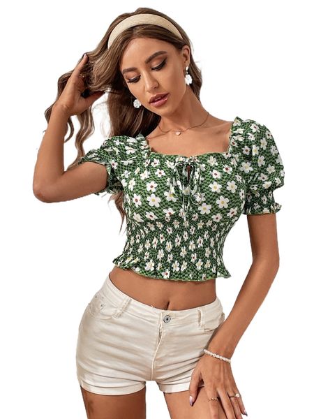

floral print shirred tie front square neck puff sleeve crop blouse h8qw#, White