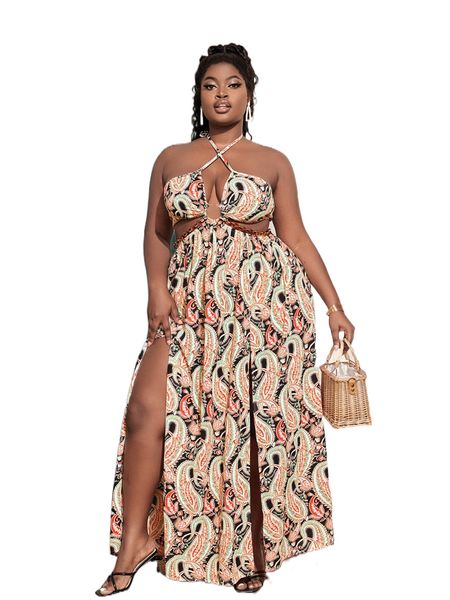 

x joanna plus paisley split thigh halter dress g2m9#, Black