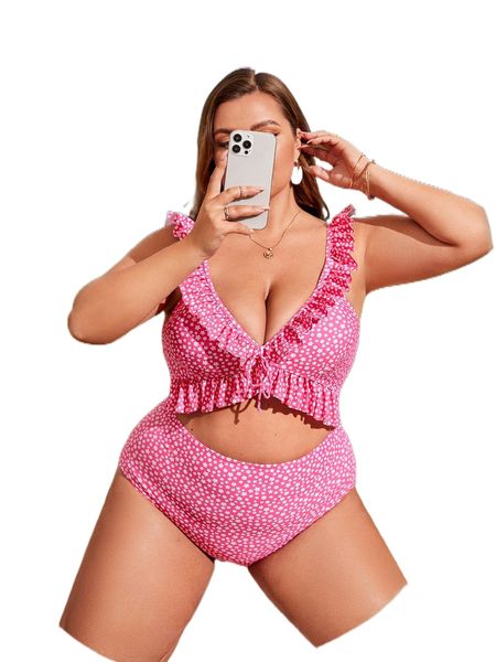 

plus ditsy floral print ruffle trim cut out one piece swimsuit o9pd#, White;black
