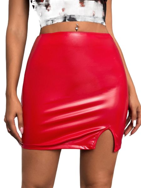 

solid split hem pu leather bodycon skirt n5yh#, Black