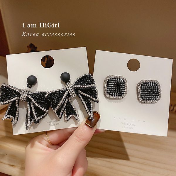 

925 silver needle korean dongdaemun fashion and fully-jewelled bow square stud earrings unique design earrings eardrop for women, Golden