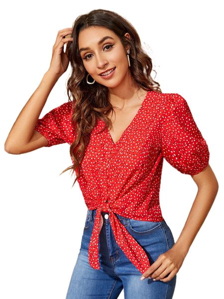 

puff sleeve buttoned knot hem allover print blouse g6ou#, White