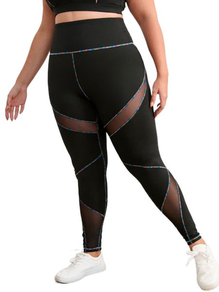 

plus mesh insert stitching wideband waist sports leggings v2ej#, Black